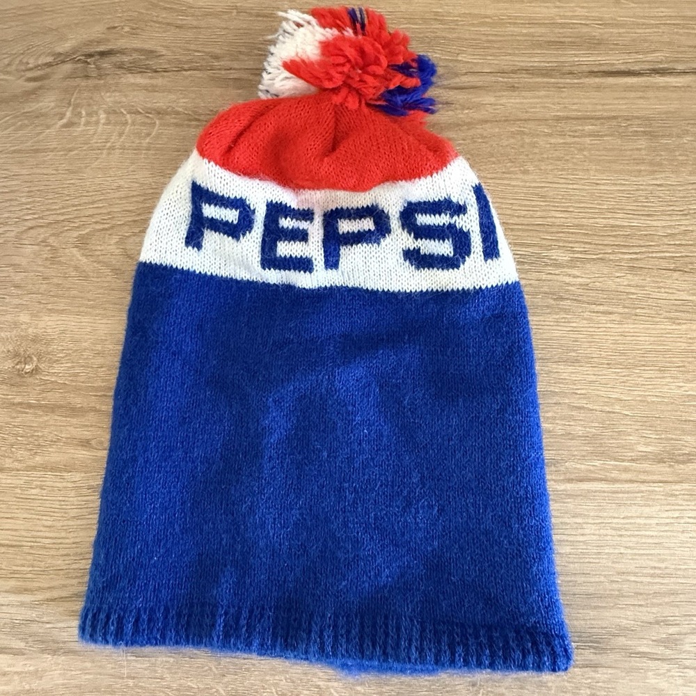 Vintage Pepsi Knit Pom Beanie Hat Red White Blue Retro Soda Logo Winter Cap